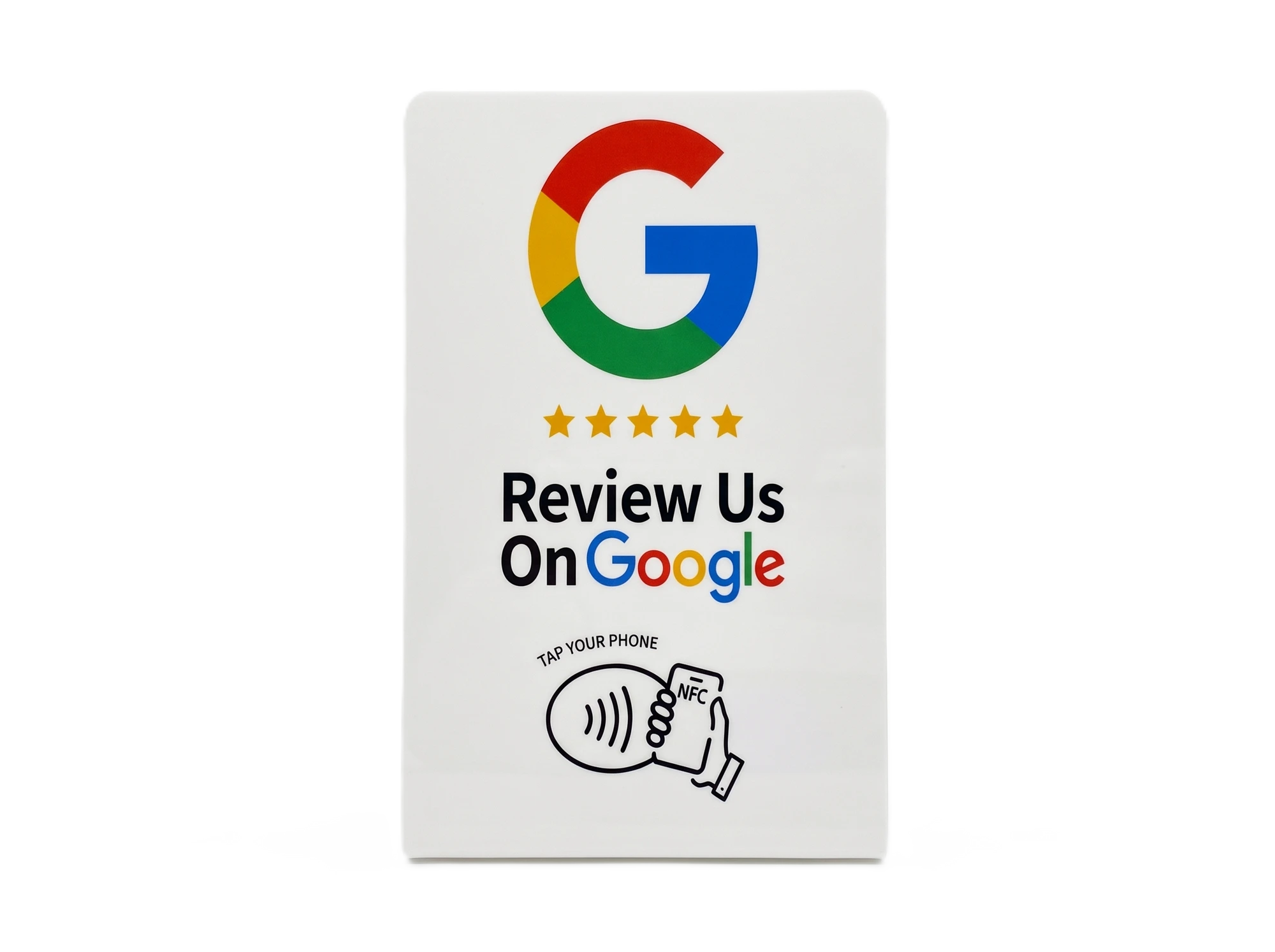 White acrylic NFC stand with Google logo, five gold stars, 'Review Us On Google' and a 'Tap your phone' NFC icon